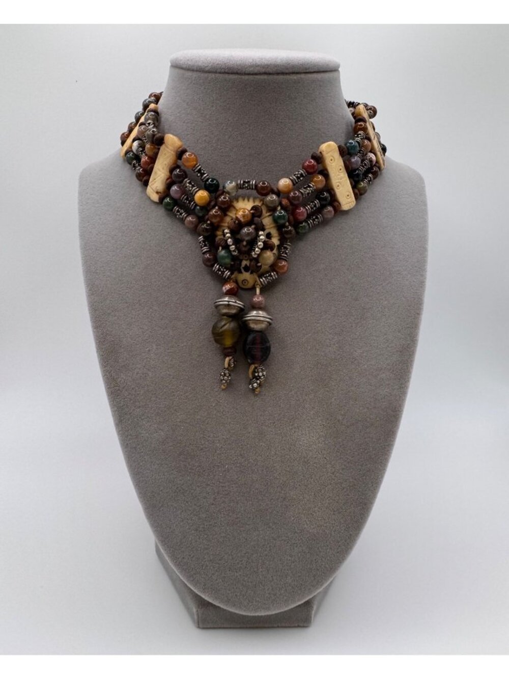 Artisan Bone Quartz Gemstone Choker Necklace 925 Silver Beads Tribal Boho